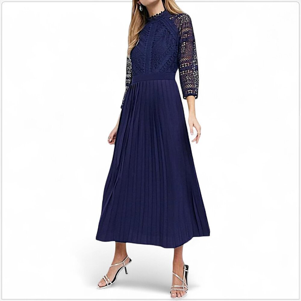 Little Mistress Navy Blue High Neck Lace Bodice Pleated Skirt Midi Dress NWT 6